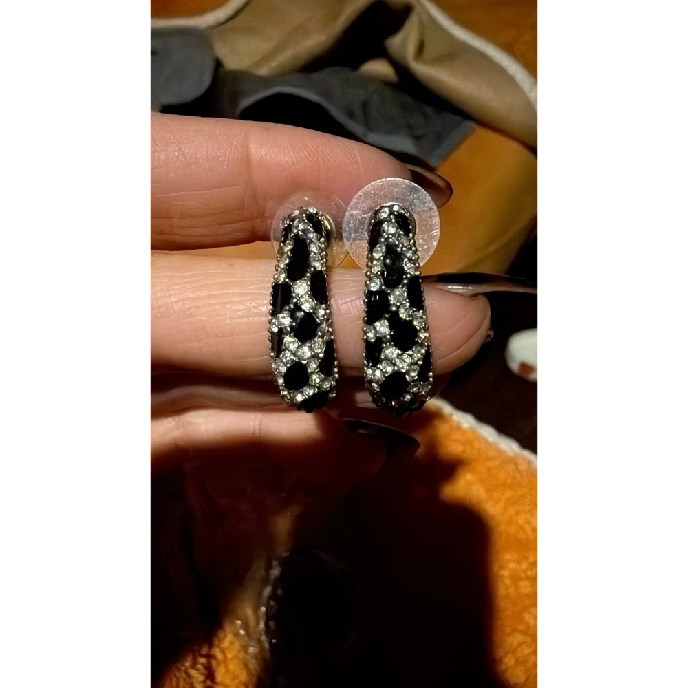Black Gold Tone Rhinestone Animal Print J Hoop Earrings Leopard Cheetah Pierced